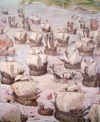 1582年、スペイン王フィリップ2世(1527-1598)のもとで行われたアコーレス諸島遠征の際のスペインのガレオン船のレガッタ。16世紀のフレスコ画。マドリード、エスコリアル宮殿の戦闘の間。
