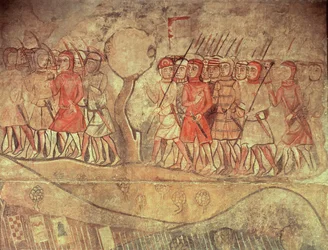 ジェームズ1世（1208-76）の軍隊の兵士、弓と槍を持った歩兵のグループ、バルセロナの旧パラシオ・レアーレの壁画の詳細（壁画）