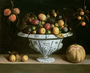青と白のボウルに入った果物の静物、c.1630