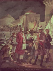 メキシコの征服：エルナンド・コルテス（1485-1547）が夜にパンフィロ・ナルバエス地区を攻撃（キャンバスに油彩）