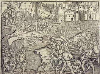 ペルーの征服、フランシスコ・ロペス・デ・ゴマラによる「インドと新世界の一般史」のイラスト（b.1510）1554（彫刻）