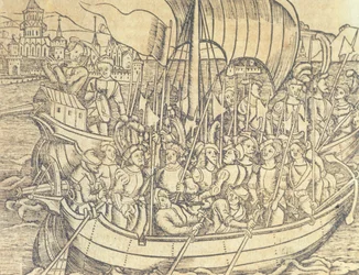 クリストファー・コロンブス (1450-1596) による新世界の発見フランシスコ・ロペス・デ・ゴマラ (b.1510) による「インディーズと新世界の一般史」のイラスト (彫刻)
