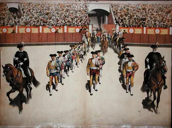 トレアドールとそのクアドリラのアリーナへの入場、1885年頃（カラーリトグラフ）