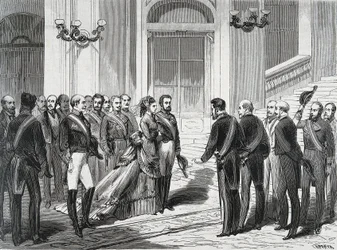 1871年3月19日、マドリッドの王宮に到着したスペイン国王アメデイー1世（Amedeo Ferdinando Maria di Savoia）（1845-1890）と妻のメアリー・ヴィクトリー（Victory dal Pozzo della Cisterna）（1847-1876）の肖像画。La Ilustracion Espanola y America」からのエングレーヴィング。
