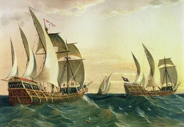 1492 年に西インド諸島に向かって航海する「ピンタ号」、「ニーナ号」、「サンタ マリア号」、「アメリカの発見」より