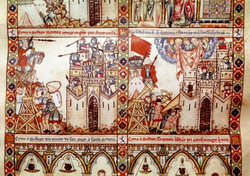 サラセン人によるキリスト教都市の包囲 聖マリアの歌（Cantigas de Santa Maria）」の写本の1ページからの詳細 聖マリアとその奇跡に捧げられた細密画を飾る、アルフォンの支配下で再制作された歌のコレクション