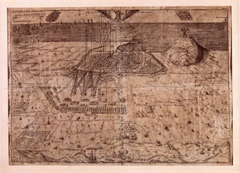 スペインのフィリップ4世（1605年〜1665年）の軍隊が海と陸を使ってバルセロナを本拠地とした、カタルーニャ地方の引き上げ、または刈り取り人の戦争（1640年〜1659年）。1652年のエングレーヴィング。バルセロナ市歴史博物館。