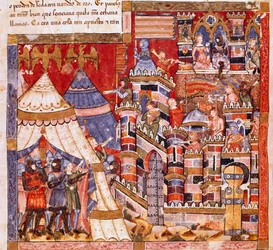 トロイ戦争：トロイの街とギリシャ人の野営地。スペインの写本 "Codex Benito de Santa Mora "の細密画のディテール