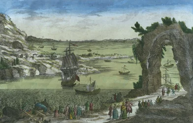 1762年、フランス領ガイアナ、ニューカイエンの港に新しい植民地を設立するためのフランス上陸の様子