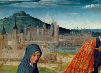 A pietà de Saint Germain des Pres (Saint-Germain-des-Prés). Detalhe representando o Louvre sob Charles V. Pintura do Mestre de Saint Germain des Pres (ativo por volta de 1500). Dim. 0,97x1,98m.