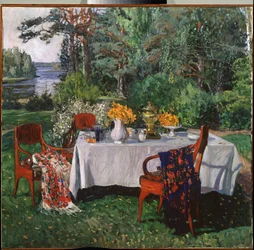 テラス前。 スタニスラフ・ユリアノビッチ・ジュコフスキー（ジュコフスキー）（1873-1944）による絵画、キャンバスに油彩