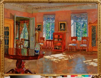 大邸宅の図書館の内部。 Stanislav Yulianovich Joukovski (Zhukovsky) (1873-1944) による絵画、キャンバスに油彩、1910 年頃。 ロシア美術、20 世紀、モダニズム。 共和国タタルスタン国立美術館、カザン (ロシア)。