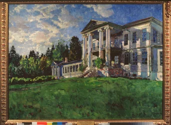 夏の朝。 Rozhdestveno マンション (ロシア)。 スタニスラフ・ユリアノビッチ・ジュコフスキー（ジュコフスキー）（1873-1944）による絵画、キャンバスに油彩