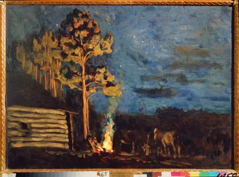 春の夜。 スタニスラフ・ユリアノビッチ・ジュコフスキー（ジュコフスキー）（1873-1944）の作品、ボール紙に油彩
