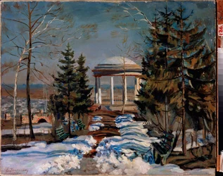キオスクのある風景。 スタニスラフ・ユリアノビッチ・ジュコフスキー（ジュコフスキー）（1873-1944）による絵画、キャンバスに油彩