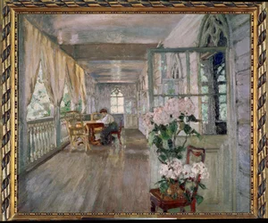 大邸宅のテラス。 スタニスラフ・ユリアノビッチ・ジュコフスキー（ジュコフスキー）（1873-1944）による絵画、キャンバスに油彩。 ロシア美術
