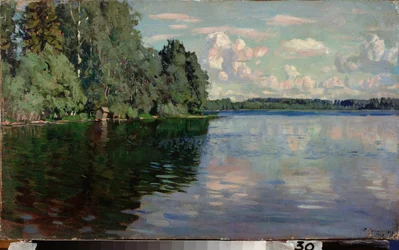 湖。 スタニスラフ・ユリアノビッチ・ジュコフスキー（ジュコフスキー）（1873-1944）による絵画、キャンバスに油彩