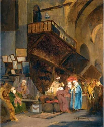 コンスタンティノープルのバザール - Peinture de Stanislaw Chlebowski (1835-1884), orientalisme - コンスタンティノープルのバザール - スタニスラフ・フレボフスキー作 (1835-1884) の木に油彩 - 26x21 cm - 個人蔵
