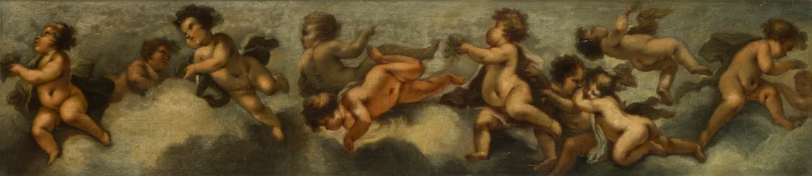 Putti disporting、c.1655-72（ガラスで保護されたキャンバスに置かれた紙）