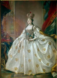 ロシア皇帝エカチェリーナ2世（大帝、1729-1796）の戴冠式用ドレス姿の肖像。ステファノ・トレッリ（1712-1784）作、18世紀、エルミタージュ美術館、サンクトペテルブルク