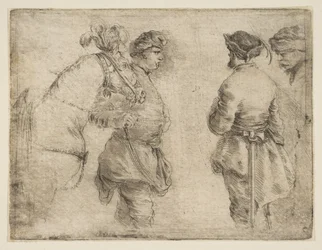 手綱で馬を導き、他の2人の男性と話すポール。 1662。
