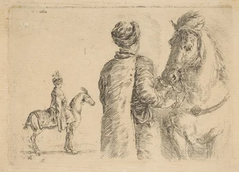 手綱で馬を保持しているポーランドの新郎、後ろから。 1662年。