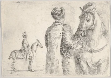 後ろから見た、馬の手綱を右に持っているポーランドの係員。 1662年。