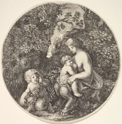 右に子供を母乳で育てる女性のサテュロス、左に向けて、サテュロスの子供...、1639年。