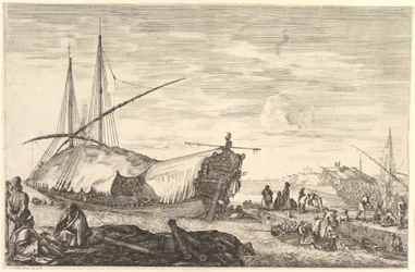 左の帆で覆われたギャレー、6つの大砲、4つの人々が前景で左...、ca。 1652-57。