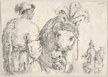 横顔の左側の男性が中央の馬に一握りの干し草を与え、騎手が馬に…、ca. 1662年。