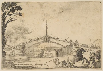 橋の上での戦闘、騎手と 2 人のフットソルジャーが右下で剣を持って戦う..., ca. 1645年。