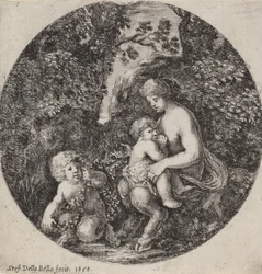 樹木が茂った風景の中で子供を看護する女性のサテュロス、1656年。