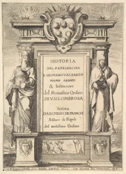 Frontispiece：メディチ家の紋章が中央に飾られた記念碑。炎が...、1640年。