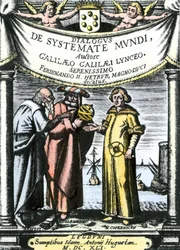 1632年に出版されたガリレオ作「Dialogo sopra i due massimi sistemi del mondo」の扉絵（エングレーヴィング