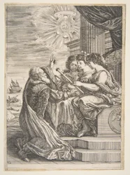 ガリレオと天文学、遠近法、数学の擬人化、「...」の口絵、1656年。