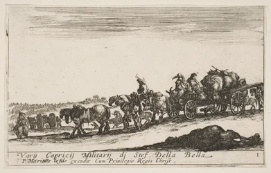 プレート1：人や物を運ぶ馬が引くカート、手前の死んだ馬、f ...、ca。 1641年。