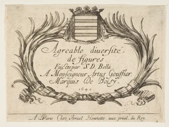 プレート1：タイトルと献辞を囲む2つの掌と紋章、「Vari...、1642年」のタイトルページ。