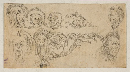 プレート 4: 「フリーズ、葉、グロテスク」からの 5 つのグロテスクな頭部 Frises, feu..., ca. 1642-43。
