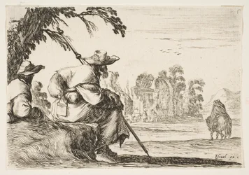 プレート5：後ろから見て左側に帽子をかぶった2人の巡礼者、騎士が戦う...、1642年。