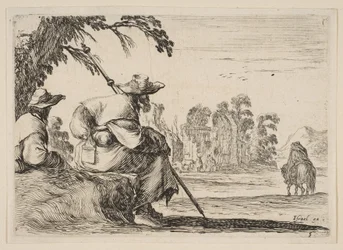 プレート5：後ろから見て左側に帽子をかぶった2人の巡礼者、騎士が戦う...、1642年。