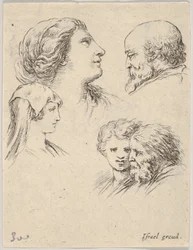 プレート9：5つの頭、左に2人の若い女性、右上にひげを生やした男性、若い女性...、ca。 1649