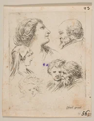 プレート9：5つの頭、左に2人の若い女性、右上にひげを生やした男性、若い女性...、ca。 1649