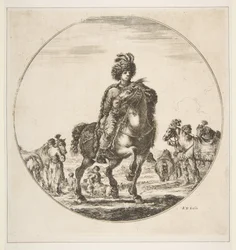 ポーランドの騎手、右向き、円形の構図、馬上の洞窟のフィギュア...、ca。 1651年。