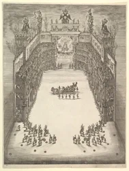 上から見た、観客で賑わうモデナの劇場。中心に勝利の車があり、1652年。