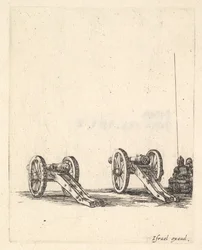 「Equipment in...」より、右側に座っている 2 つの大砲、2 人の兵士が後ろから見られます。 1638-43。