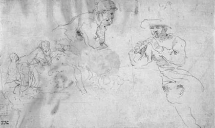 2 人の羊飼いが大きな岩にもたれかかっており、1 人がフルートを演奏し、もう 1 人が耳を傾けている構図のための 2 つの習作