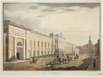 Liteyny アベニュー (視点 Liteiny) の新しいアーセナルのビュー - ステパン Philippovich Galaktionov (1779-1854)。 リトグラフ、水彩