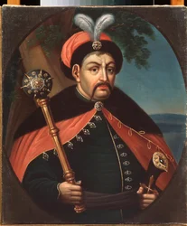 Portrait du hetman (司令官) ウクライナのコサック Bohdan Khmelnytsky (1595-1657) (ウクライナのコサックのヘットマン Bohdan Khelmytsky の肖像) - Peinture de Stepan Zemlykov (デビュー 19 世紀), キャンバスに油彩 19 世紀, アート ウクライナ - 地方美術館