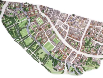 ケンブリッジ航空写真（1996年に描かれたもの）1990-2005年頃（インク、水彩画）