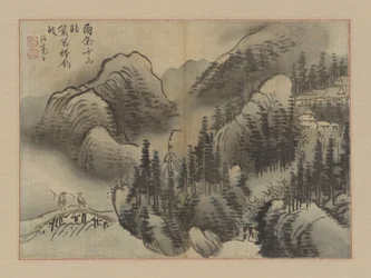 雨の風景、18世紀後半（アルバムリーフを掛け軸にしたもの、バストファイバーにインクと彩色）